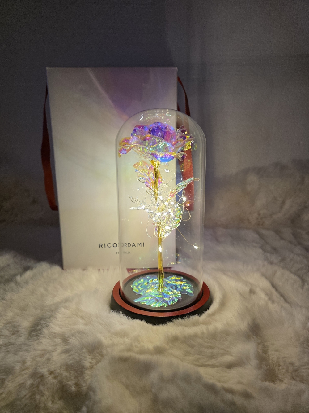 Iridescent Glass Rose Dome - Multicolor LED Accent